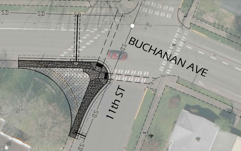 Diagram of 11th street and Buchanan showing the plans for the permanent curb extension.