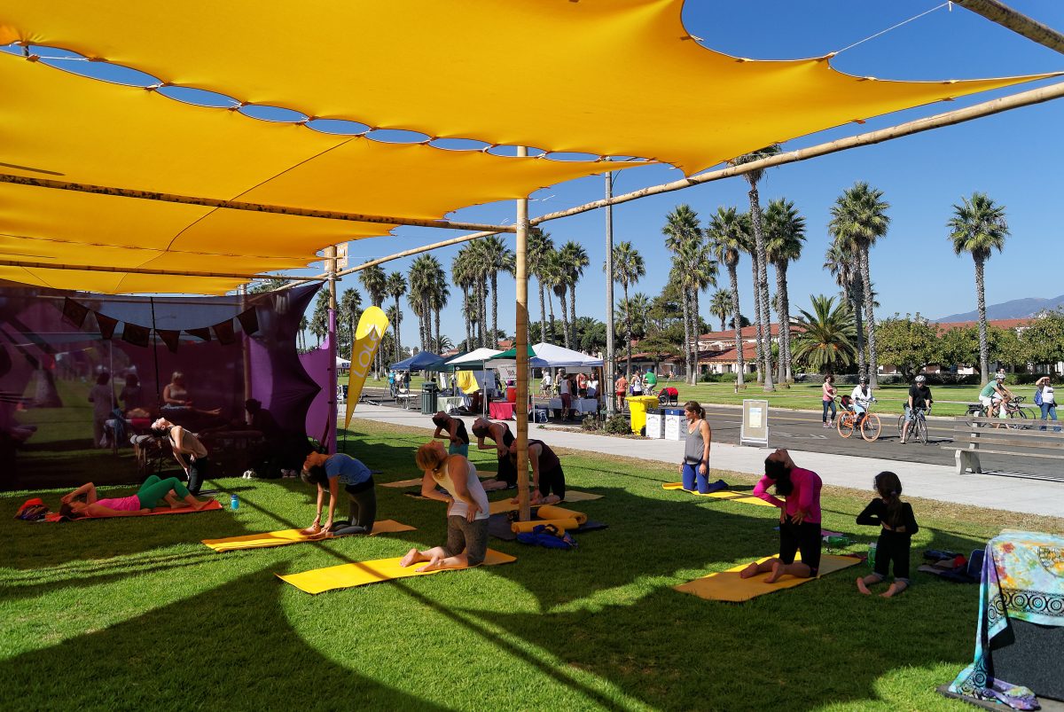 People do yoga in the shade at a park.