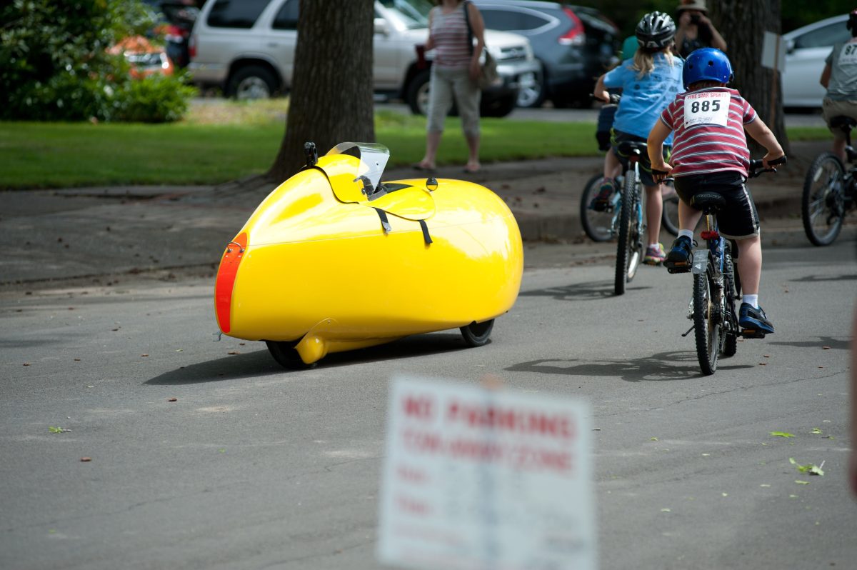 A soap box derby car