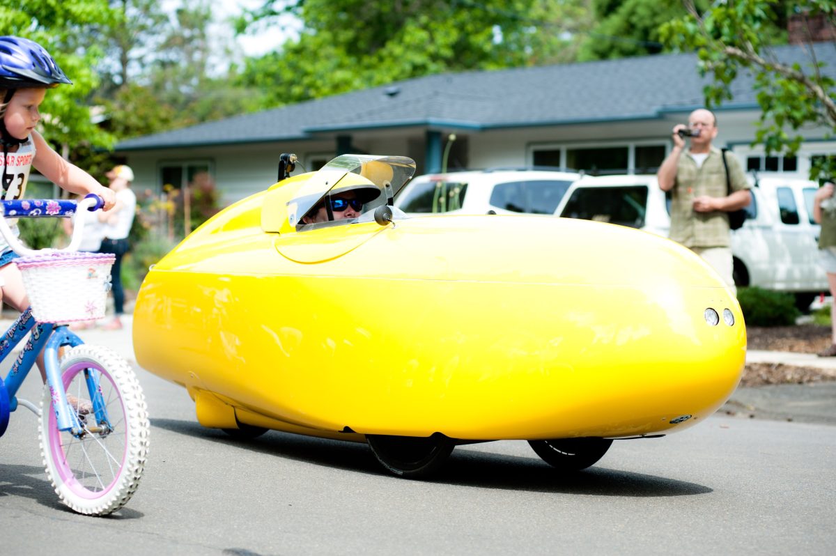 A soap box derby car