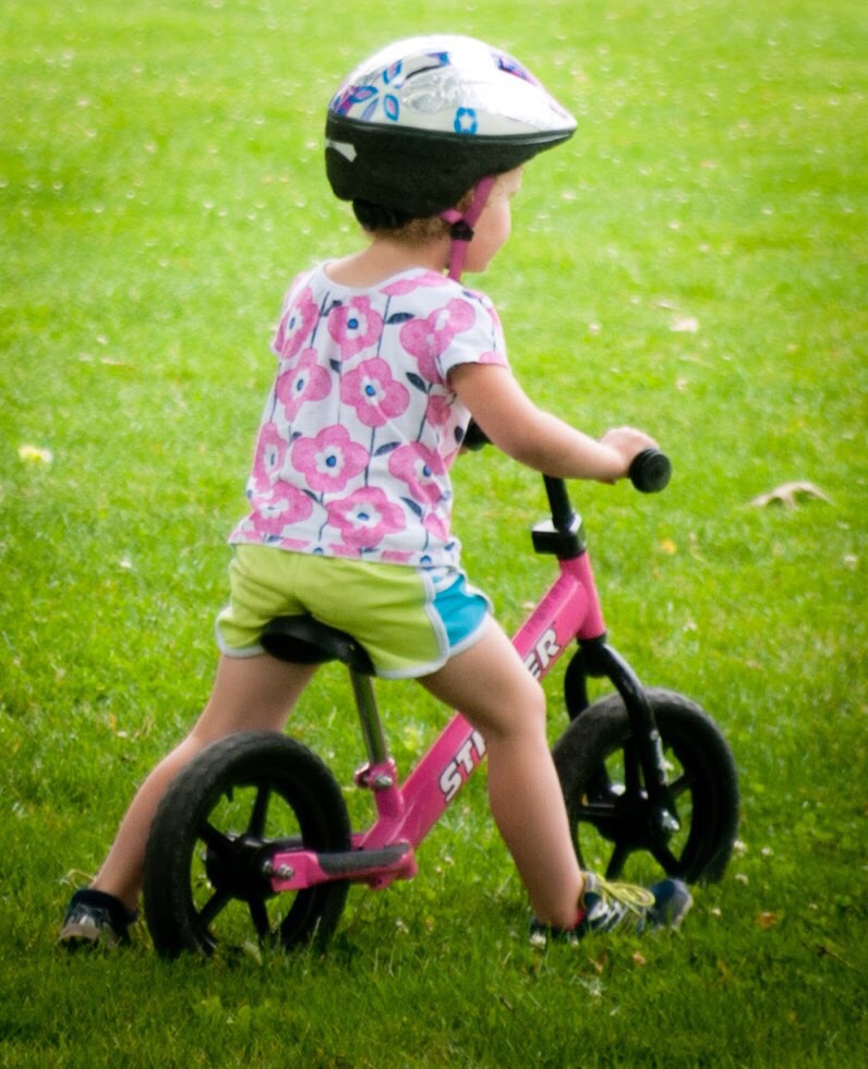 A toddler rides a straddle bike on the grass.