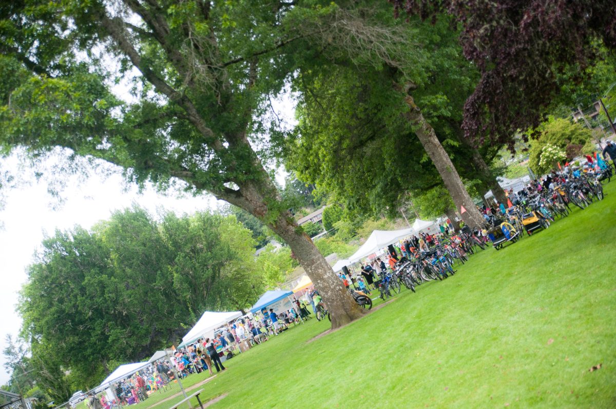A large gathering of bicycles, tents, and people.