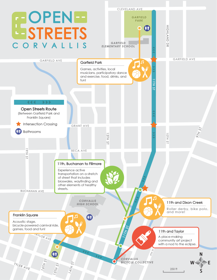 2017 route map with activity hubs at Garfield Park and Franklin Square Park.