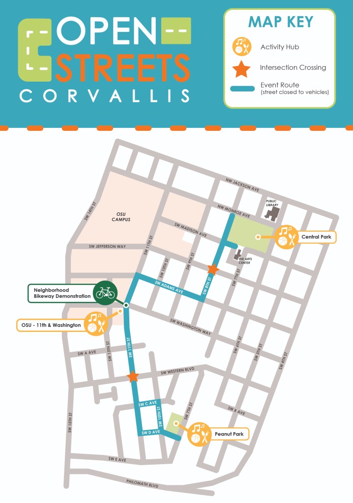 2023 Open Streets route map shows activity hubs at Central Park, 11th & Washington and Peanut Park.