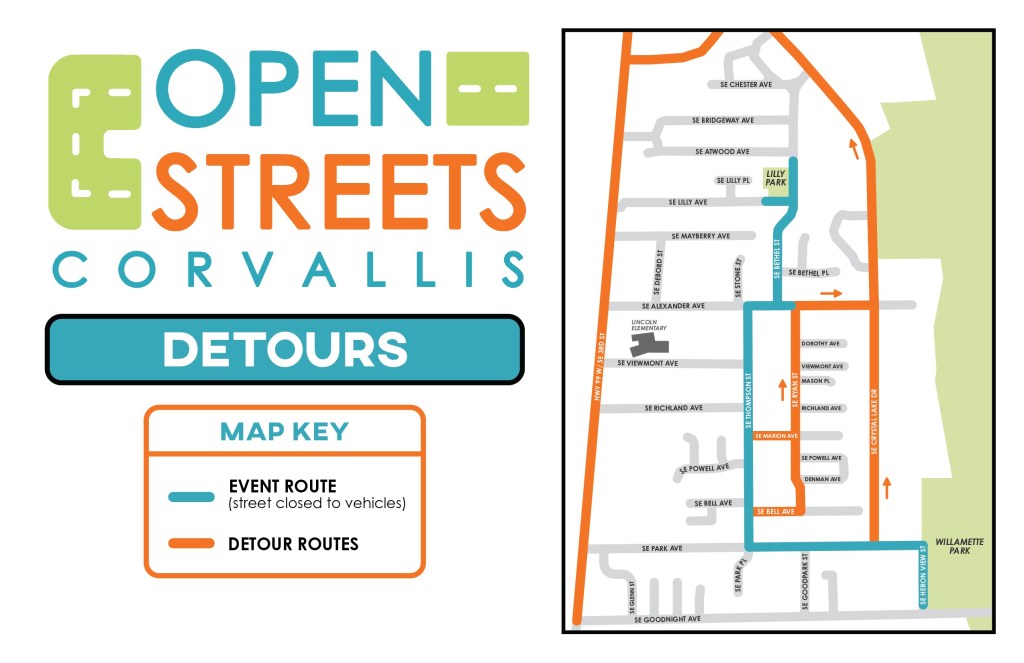 Map shows detour routes, including Crystal Lake Drive, 3rd Street, and Ryan Street in South Corvallis.