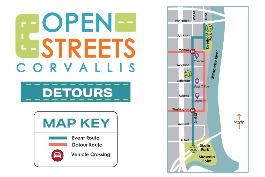 Graphic shows a map of the event route and detour route, with vehicle crossings of 2nd Street at Monroe Avenue and Washington Avenue.
