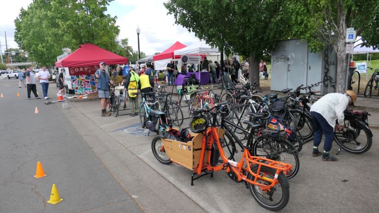 Bicycles fill racks on 1st Street